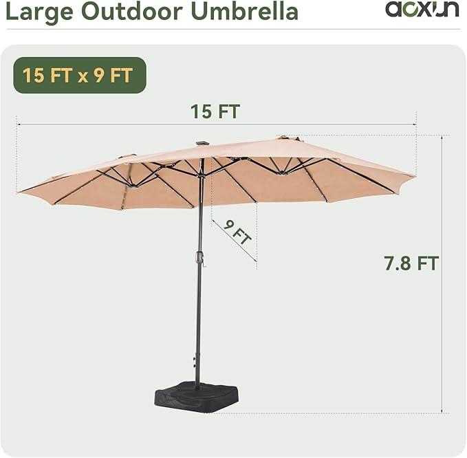 Aoxun 15ft Patio Umbrella with Base Included, Outdoor Double-Sided Rectangular Umbrella with Crank Handle & Ventilation, Large Standing Umbrella for Pool, Deck, Lawn, Backyard & Beach