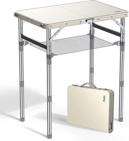 Anbte 2ft Small Plastic Folding Table, Waterproof 3 Adjustable Height Portable Camping Table with Storage Net, Flat Tabletop, for Picnic Indoor Outdoor Travel Beach Patio, 22.8" X 15.7", White