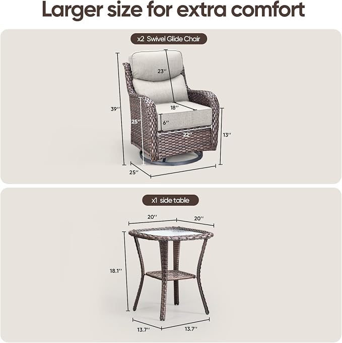 Swivel Patio Chairs Set of 3 with 6" Thick Cushion - Wicker Outdoor Swivel Rocker Patio Chairs with Side Table, High Back Comfortable Outdoor Glider Chair - Brown Wicker | Beige Cushions