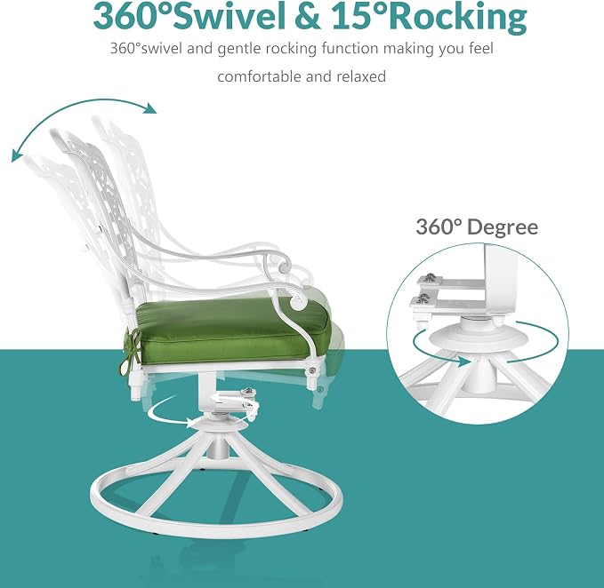 MEETWARM 5-Piece Outdoor Patio Dining Set, All-Weather Cast Aluminum Patio Conversation Set with 4 Cushions Swivel Rocker Chairs for Backyard Garden Deck and 38.5" Round Table, White