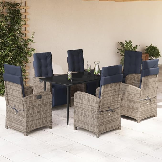 Backyard Furniture Patio Conversation Sets Outdoor Seating 7 Piece Patio Dining Set with Cushions Gray Poly Rattan Suitable for Gardens, Balconies, Decks