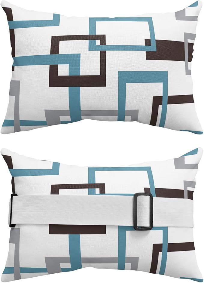 Outdoor Pillows Covers with Inserts Mid Century Geometric Pattern Gery Brown Blue Waterproof Recliner Pillow with Adjustable Strap Throw Pillows for Patio Furniture Pool Lounge Chair, 11x16 inch, 1PCS