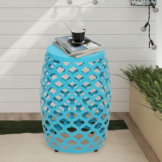 Round Patio Outdoor Indoor Drum Steel Side Table, Patio Garden Table, Coffee End Table Nightstand for Small Spaces, Teal