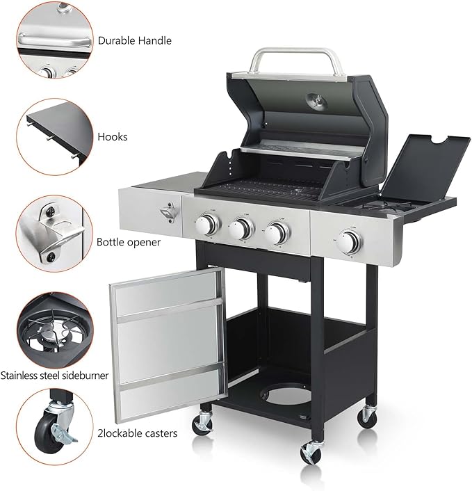 3-Burner Propane Gas BBQ Grill with Side Burner & Porcelain-Enameled Cast Iron Grates, 37230 BTU Output Stainless Steel Grill for Cooking Kitchen Patio Backyard Barbecue