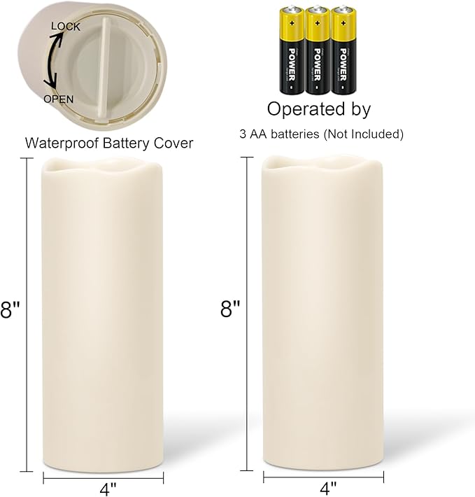 10" 10" × 4" Large Outdoor Candles with Timer Waterproof, Battery Operated Outdoor Candle Lantern Flickering LED Pillar Candles 2 Pack for Patio Porch Garden Home Decor, Cream White