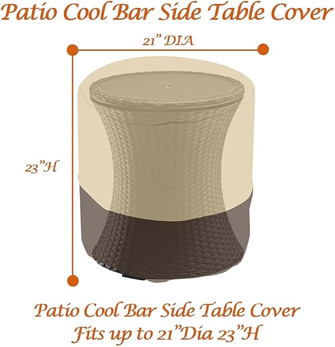Patio Cool Bar Side Table Cover for Keter 7.5 Gallon Cool Bar Waterproof Patio Cooler Bar End Table Cover for small Outdoor Side Tables (Round, 21" Dia x 23" H), Beige