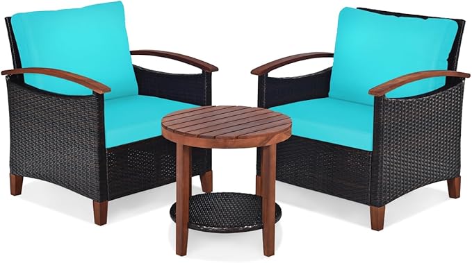 COSTWAY 3PCS Patio Rattan Furniture Set, Outdoor Solid Wood Frame Cushion Sofa with Round Table for Garden Porch Backyard Poolside (Turquoise)