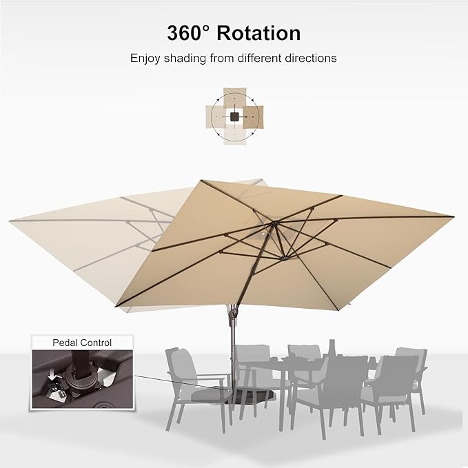 PURPLE LEAF 10' X 13' Patio Cantilever Umbrella with Base Rectangle Umbrella Outdoor with Aluminum Offset Antique Bronze Hanging and 360° Rotation for Pool Garden Deck Patio, Beige