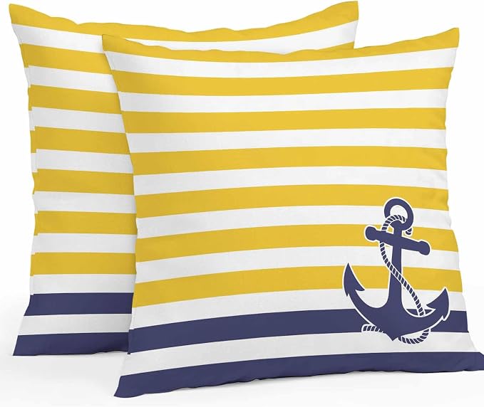 Throw Pillow Covers 24x24 Inch Set of 2, Yellow Striped Waterproof Outdoor Cushion Covers, Navy Blue Nautical Anchor Geometric Decorative Pillowcases for Couch, Sofa, Bed, Garden, Patio