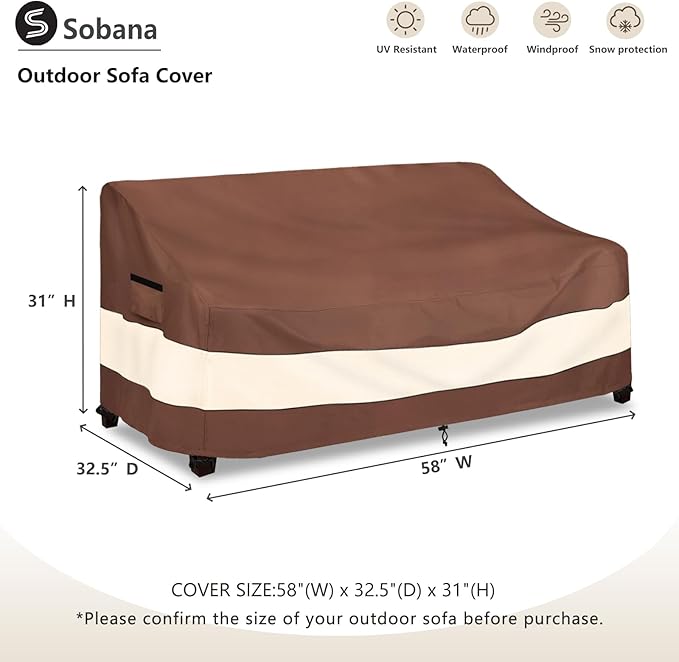 2-Seater Patio Sofa Covers, Outdoor Couch Cover Fits up to 58" W x 32.5" D x 31" H, Heavy Duty Waterproof Patio Furniture Covers,Brown