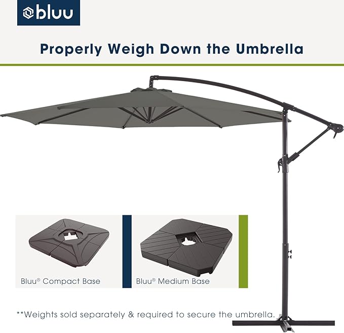 BLUU 10 FT Patio Offset Umbrella Outdoor Cantilever Umbrella Hanging Umbrellas, Fade Resistant & Waterproof Solution-Dyed Canopy Fabric with Infinite Tilt, Crank & Cross Base (Dark Grey)