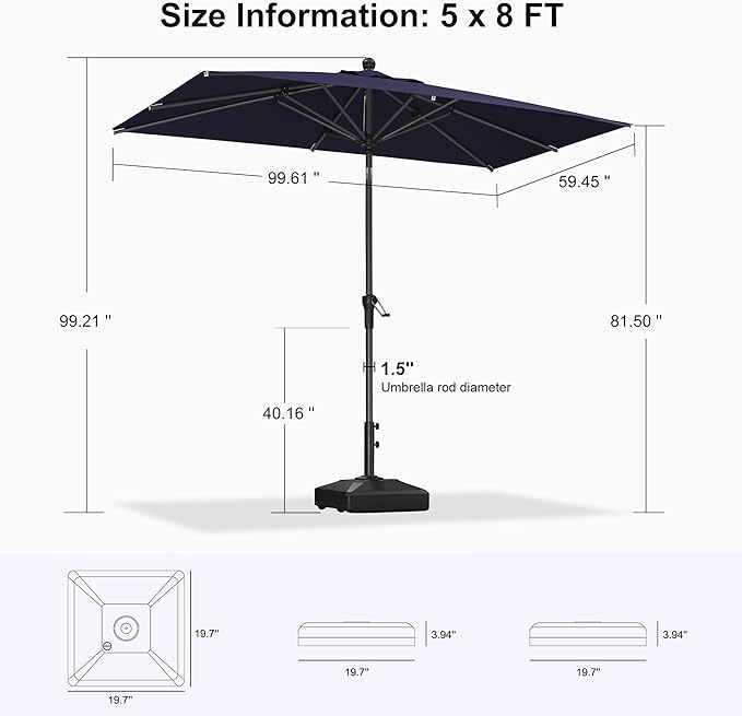PURPLE LEAF 8' x 5' Rectangle Patio Market Umbrella with Base Outdoor Table Umbrellas Aluminum Frame Sun Shade with 8 Sturdy Ribs Tilt for Garden Deck Lawn Pool Navy Blue
