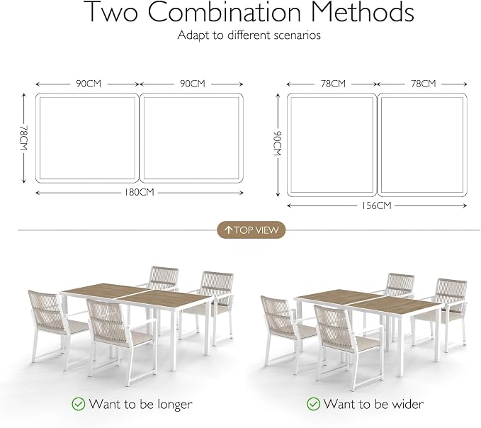 Iron Outdoor Anti-Corrosion Wood-Plastic Dining Table -All-Weather Exposed Square Table Waterproof and Rust-Proof Courtyard-Style Coffee Table Garden/Balcony/Poolside,White 1 Pcs