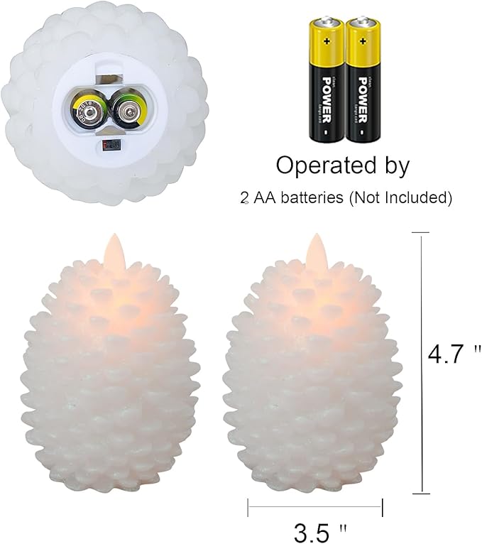 Wondise Pine Cone Flameless Flickering Candles with Remote and Timer, Set of 2 Battery Operated LED Candles Real Wax Christmas Home Decoration Candle(3.5 x 4.7 Inches, White)