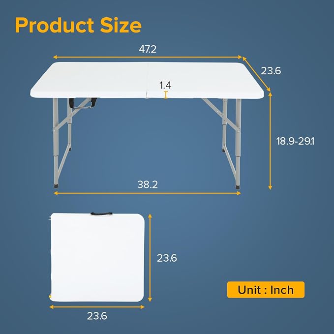 Dopinmin Camping Table 4 FT Foldable Table with Bulid in Handle Plastic Picnic Table,Folding and Portable for Party Dining Picnic Wedding Office,White