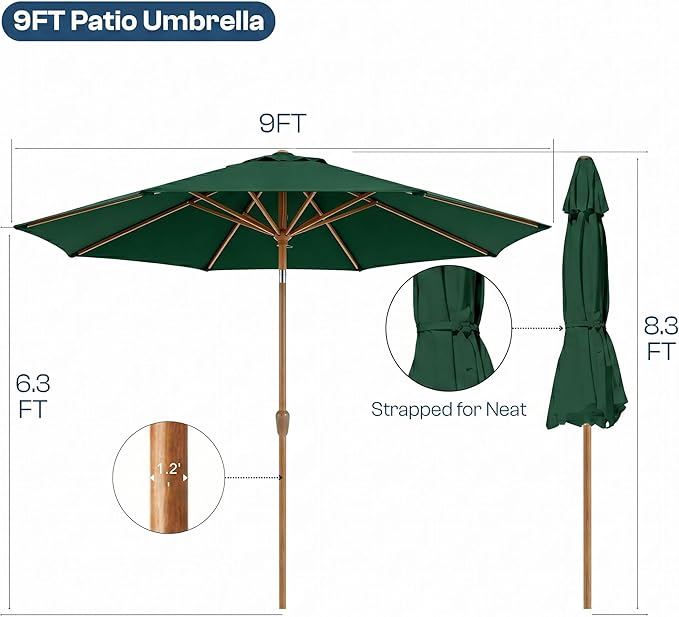 9ft Outdoor Patio Umbrella, Market Table Umbrella with Crank and Easy Push Button Tilt, Wood Grain Frame, UPF 50+ for Pool, Garden, Deck, Backyard