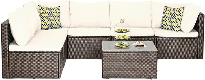PayLessHere Patio Furniture Set 7 Pieces Outdoor Furniture Wicker Conversation Set Sectional Sofa and Coffee Table Wicker Patio Conversation Sets for Backyard Porch Balcony Poolside,Khaki Cushion
