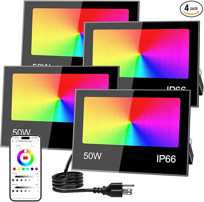 LED Flood Light Outdoor, 500W Equivalent 5000LM Smart RGB Landscape Lighting with APP Control, DIY Scenes - Timing - Warm White 2700K - Color Changing Uplight, IP66 Waterproof, 43 Modes (4 Pack)