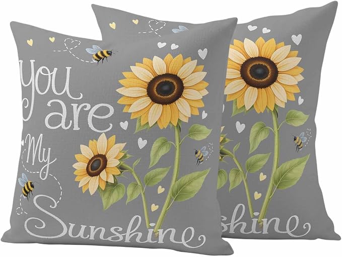 Outdoor Pillow Covers Letters You are My Sunshine Decorative Throw Pillow Covers, Pastoral Sunflowers on Gray Throw Cushion Case with Zipper for Patio,Couch,Sofa,Garden 18x18in Set of 2