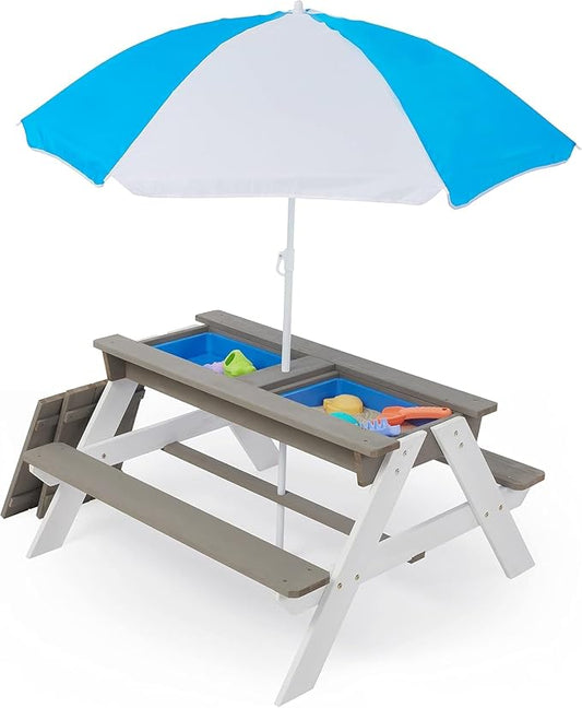 Kids Outdoor Picnic Table with Sand and Water Play, Wooden Activity Table with Umbrella for Backyard Patio Fun