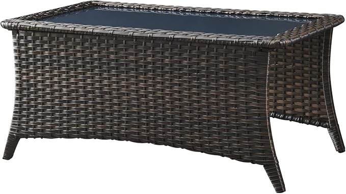 Patio Table Outdoor Coffee Tables - Rattan Wicker Coffee Table with Glass Top and 2-Tier Storage Shelf Rectangle for Outdoor Patio Porch Deck Balcony Garden(Brown/Glass Top)