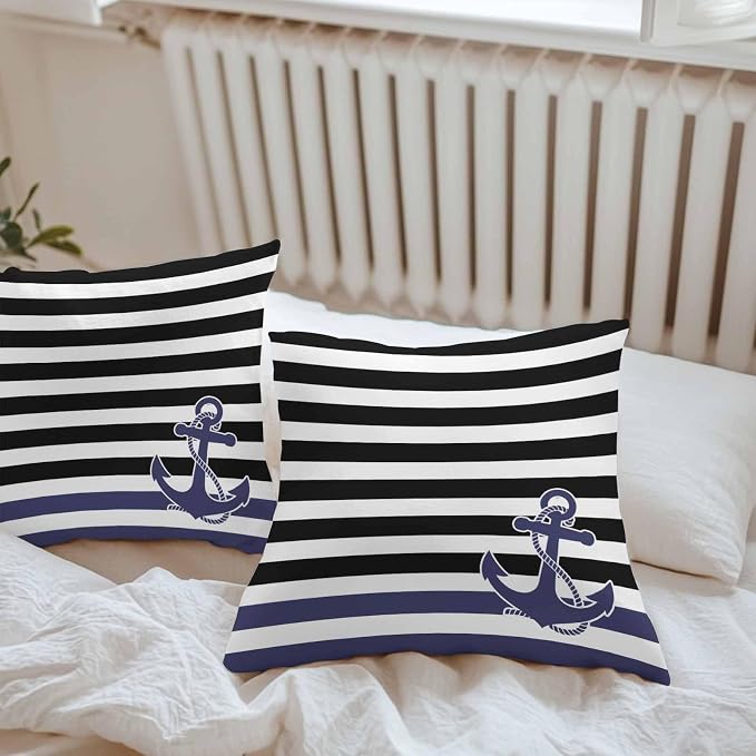 Throw Pillow Covers 24x24 Inch Set of 2, Anchor Black Waterproof Outdoor Cushion Covers, Modern Navy Blue White Striped Nautical Decorative Pillowcases for Couch, Sofa, Bed, Garden, Patio