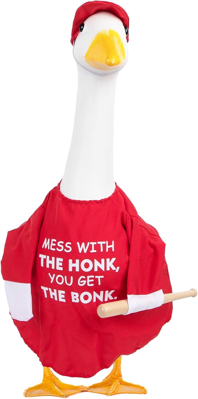 CAMDUCK Funny Porch Goose Outfit for 23 Inch Goose Statue, Mess with The Honk You Get The Bonk Goose Clothes, Decorative Lawn Geese Costume Clothing for Outdoor Decor (Red)