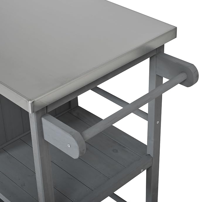 Outdoor Storage Deck Box and Kitchen Prep Station, Fir Wood Patio Storage Cabinet with Stainless Steel Top, Mobile Grill Cart with Lockable Wheels and Spice Rack for Backyard, 40.5 Inch, Grey