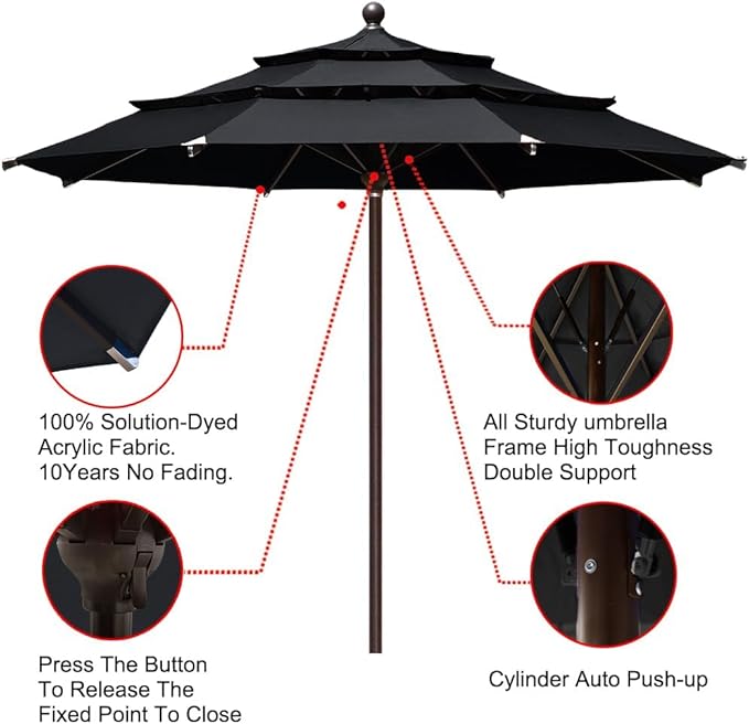 EliteShade USA 10-Year-Non-Fading 11ft 3-Tier Market Patio Umbrella, Commercial Grade Outdoor Table Umbrella with Cylinder Push-Up, Windproof & UPF 50+ UV Protection, Heavy Duty Ventilation for Garden, Deck, Pool, Backyard, Beach & Bistro, Black