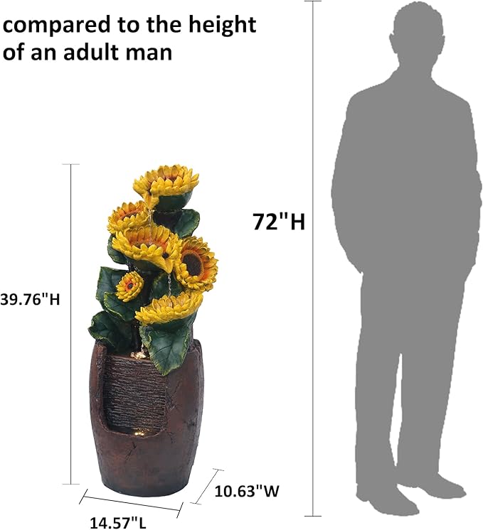 YZM Cascading Sunflower Water Fountain 39.7 Inch Tall 4-Tier Outdoor Fountain for Garden Patio Backyard Freestanding Decorative Waterfall with Lights