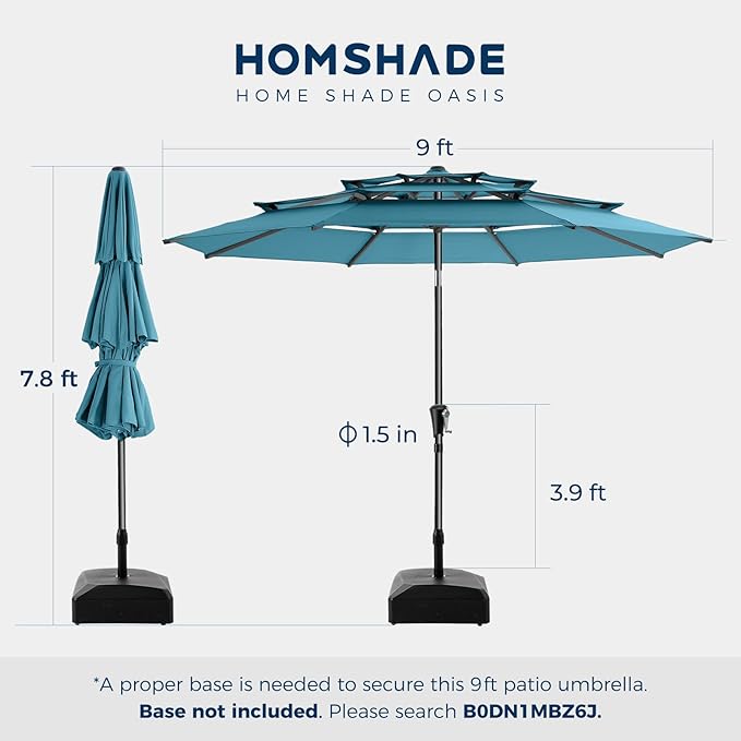HOMSHADE 9FT 3-Tiers Outdoor Patio Umbrella with 5-Year Fade Resistant,Vented Outdoor Commercial Market Umbrella with UPF50+ UV Protection & Push Button Tilt and Crank for Pool,Backyard(Light Blue)