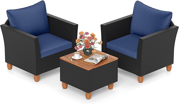HAPPYGRILL 3 Pieces Patio Conversation Set with Storage Coffee Table, PE Rattan Wicker Sofa Set with Cushions, Acacia Wood Outdoor Furniture for Balcony Backyard Porch Garden