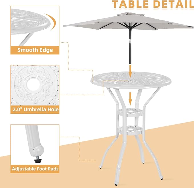 Cast Aluminum Patio Bar Table, 31" Outdoor Bar Height Bistro Table with 2" Umbrella Hole, Patio Bistro Round High Top Dining Table Pub Table for Porch Balcony Backyard, White