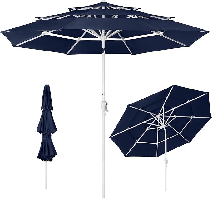 Best Choice Products 10ft 3-Tier Patio Umbrella White Pole, Outdoor Market Umbrella with Push Button Tilt and Crank Lift, Steel Pole Umbrella for Backyard Patio Pool Outdoor Shade