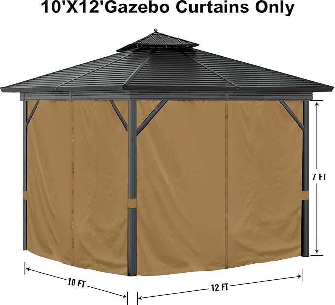 10'x12' Privacy Gazebo Curtains Outdoor Waterproof, 4-Panels Sidewall Curtains Universal Replacement with Zipper for Patio, Backyard, Garden (Only Curtains, Khaki)
