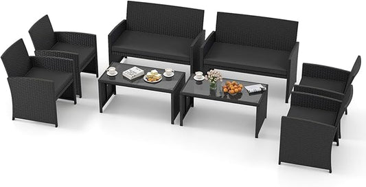 Tangkula 8 Pieces Patio Wicker Furniture Set, Outdoor Heavy Duty Rattan Cushioned Chairs, Loveseat and Tempered Glass Coffee Table, for Backyard, Balcony, Poolside (2, Black)