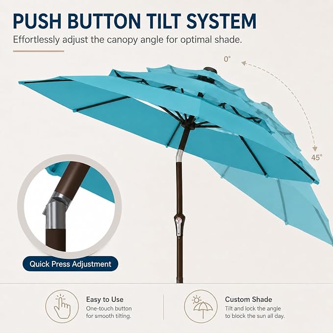 10ft Patio Umbrella, 3-Tier Vented Outdoor Table Umbrella with 8 Sturdy Fiberglass Ribs, Windproof Market Umbrella with Push Button Tilt and Crank, UV Protection for Deck, Pool, Sky Blue