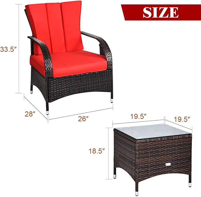 Tangkula 3-Piece Patio Conversation Set, Outdoor Wicker Furniture Set, Rattan Coffee Table & Chairs Set with Cushions, Outdoor Conversation Set for Garden Balcony Backyard (Red)