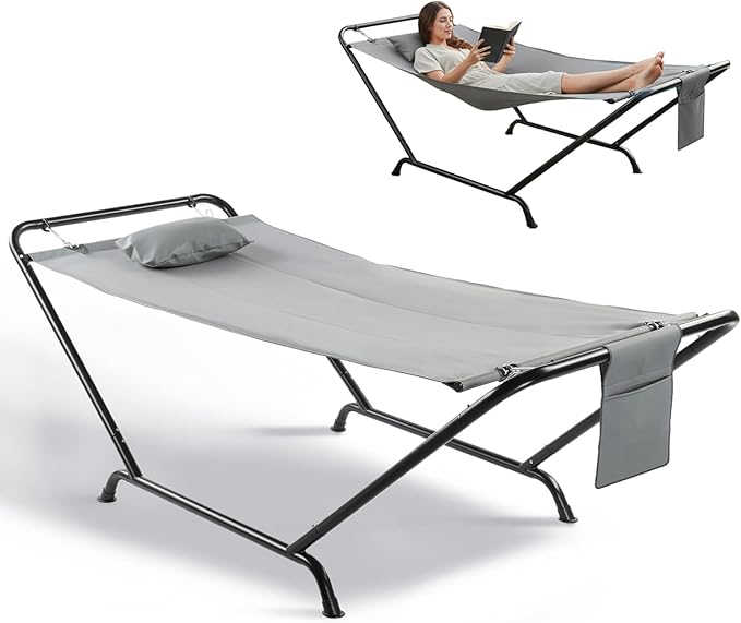 Hammock with Stand, Heavy Duty Hammock with Soft Pillow, Freestanding Outdoor Hammocks Bed for Outside Backyard, Camping, Garden, Yard, Patio, Hamaca con Soporte (Gray)