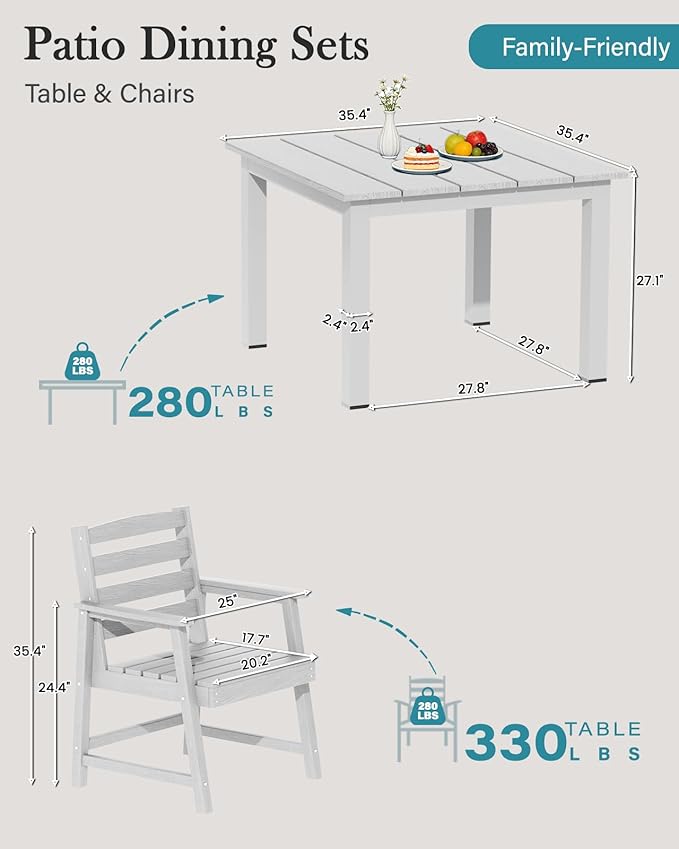LOUNZY 5-Piece HDPE Patio Dining Set - Outdoor Square Table with 2" Hole Cut-Out & 4 Chairs,White