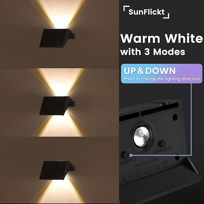 Solar Fence Lights Outdoor, 16 Pack Warm White Up and Down Solar Wall Lights, IP67 Waterproof LED Dusk to Dawn Solar Powered Fence Lights for Patio, Backyard, Deck, Garden, Yard, Outdoor Wall Decor