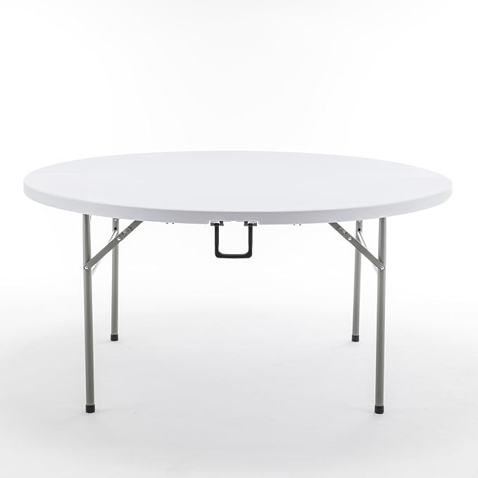 BTEXPERT 60 Inch Round Plastic Folding Table, Commercial Grade, Seats 8-10, Indoor Outdoor Banquet Wedding Party Event Dining White