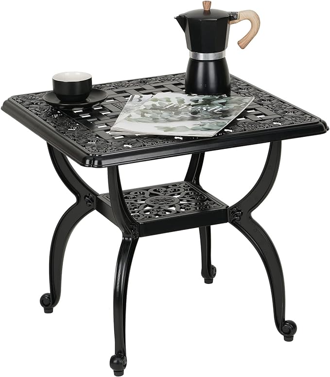 YKSY&YKSY Jardin DE Centennial Cast Aluminum Outdoor Side Table,Anti-Rust Outdoor End Table,Patio Coffee Bistro Table for Indoor,Garden,Porch,Balcony(Square Black)