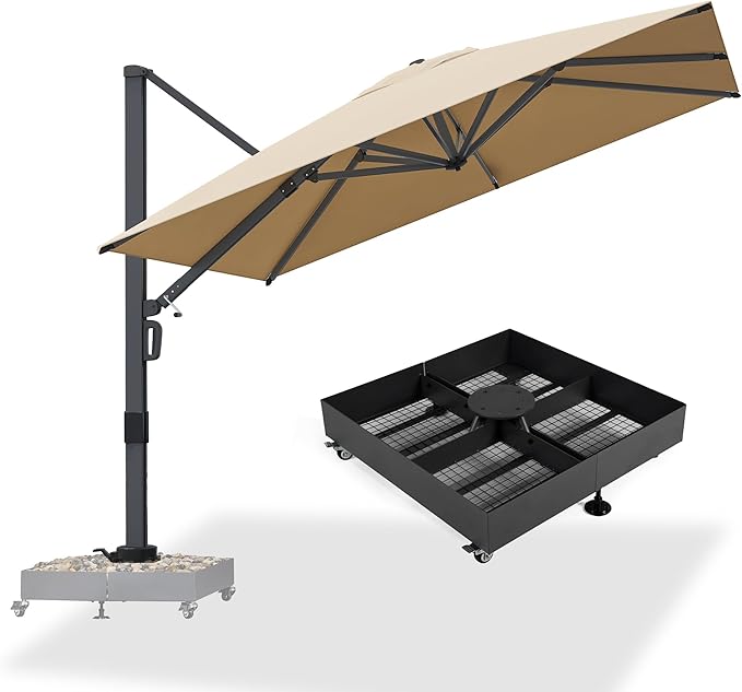 PURPLE LEAF 10 FT Square Patio Umbrella with Wheeled Base Large Cantilever Outdoor Aluminum Umbrella Offset Umbrella with 360-degree Rotation for Garden Deck Backyard Pool Beige