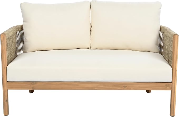 Christopher Knight Home Havets 2 Pieces Conversation Set, Acacia Wood Loveseat and Coffee Table Set, Woven Rope Armchair, Slats Panel End Table, 6" Thick Cushion Couch for Backyard Garden, Teak+Beige