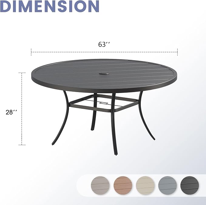 VICLLAX 63" Round Patio Table, Outdoor Dining Table for 8-10 with Umbrella Hole for Garden Lawn Deck Backyard, Black