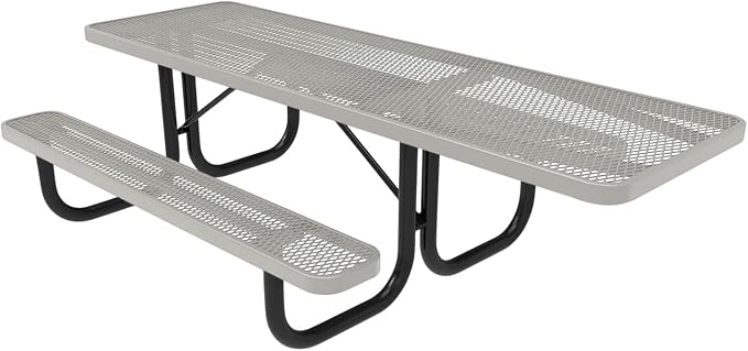 COATEDOUTDOORFURNITURE Heavy-Duty Portable ADA-Compliant Outdoor Picnic Table, Expanded Metal Patio Dining Furniture Made in America (8ft Rectangular, One-Side Handicap, Textured Grey)