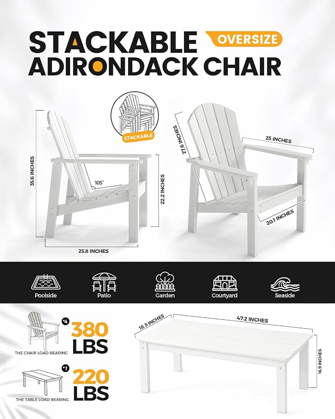 nevilywood 3-Piece HDPE Adirondack Chair Set, 2 Stackable Chairs Coffee Table, All-Weather Wood Grain, Patio Garden Backyard,White