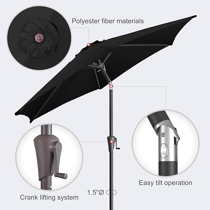 7.5FT Outdoor Patio Umbrella - Table Umbrella Waterproof UV Protection, Sombrillas de Patio with Push Button Tilt, Sun Umbrella for Pool, Porch, Garden, Deck, Backyard (Black)