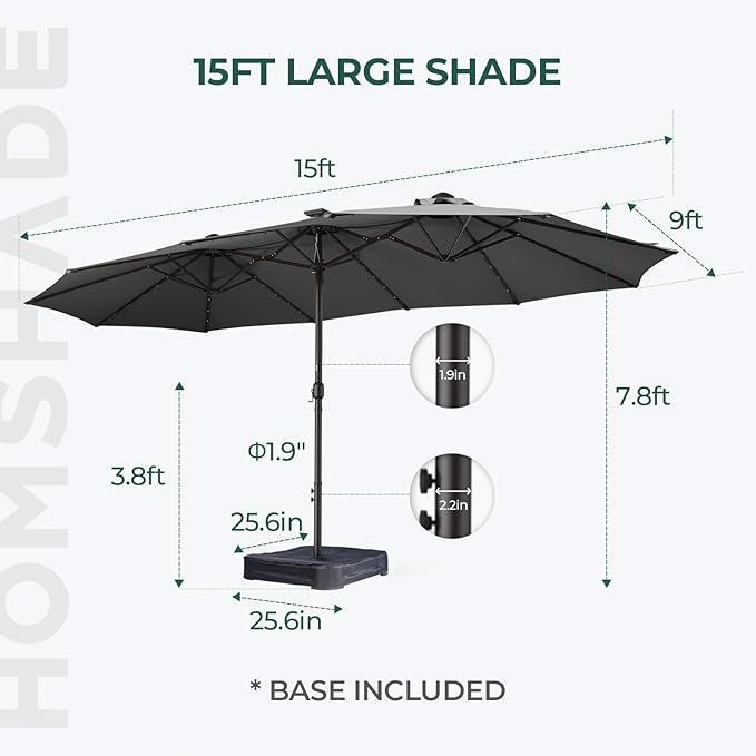 HOMSHADE Double Sided Patio Umbrellas - 15ft Solar Lights LED Lighted Outdoor Extra Large Market Table Umbrella with Base Included, Oversized Umbrella for Deck, Pool, Backyard